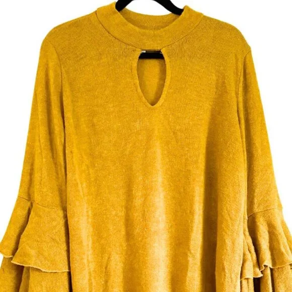 Mustard Yellow Bell Sleeve Knee Length Dress Keyhole Sweater Dress 2xl 3xl - Picture 10 of 11